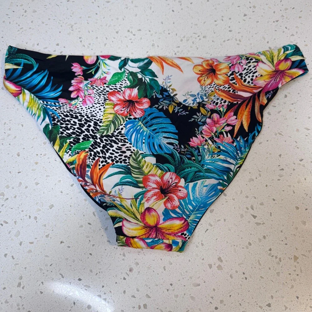 Tropical Floral Leopard Print Strappy Side Hipster Bikini Bottoms Black Medium